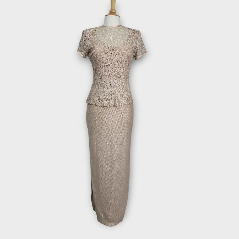 Jeffrey and Dara Gold Evening Dress Womens Small 4 Taupe Gold Long Party Formal